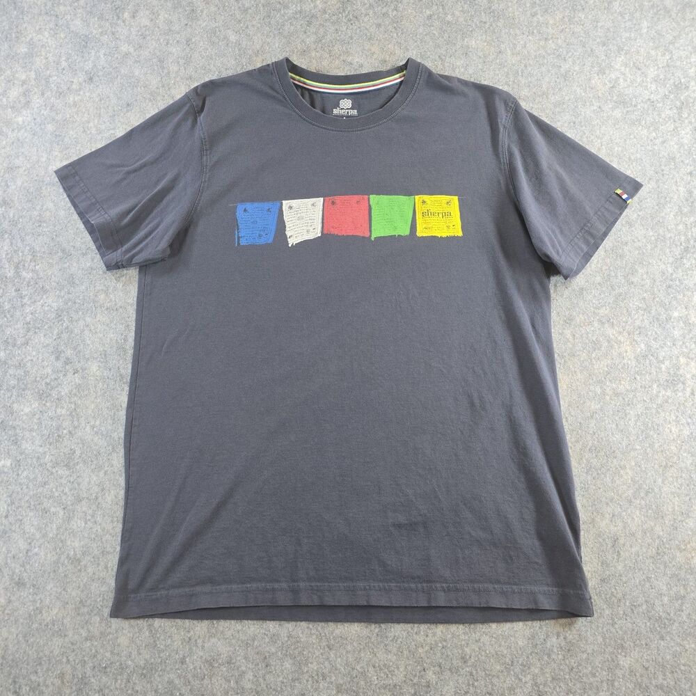 Sherpa Adventure Gear India Men's Size Large Blue T-Shirt Tibetan Prayer Flags
